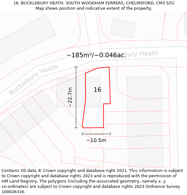 16, BUCKLEBURY HEATH, SOUTH WOODHAM FERRERS, CHELMSFORD, CM3 5ZU: Plot and title map