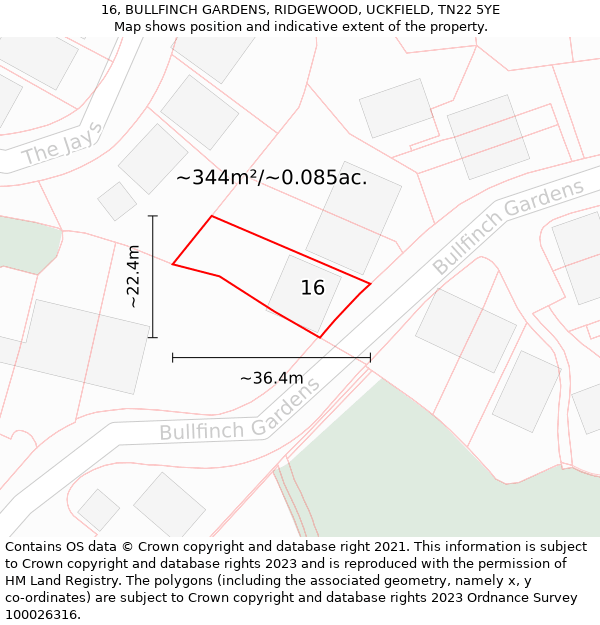 16, BULLFINCH GARDENS, RIDGEWOOD, UCKFIELD, TN22 5YE: Plot and title map
