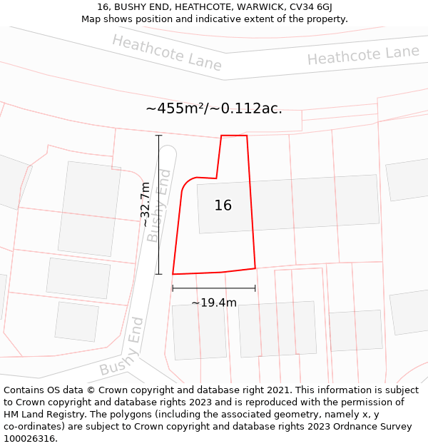 16, BUSHY END, HEATHCOTE, WARWICK, CV34 6GJ: Plot and title map