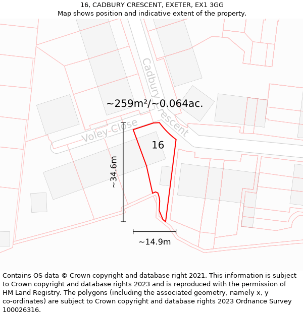 16, CADBURY CRESCENT, EXETER, EX1 3GG: Plot and title map