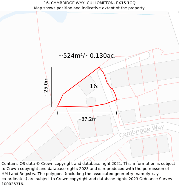 16, CAMBRIDGE WAY, CULLOMPTON, EX15 1GQ: Plot and title map