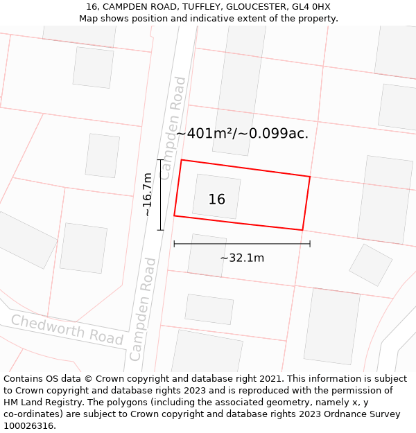 16, CAMPDEN ROAD, TUFFLEY, GLOUCESTER, GL4 0HX: Plot and title map