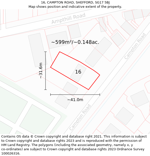 16, CAMPTON ROAD, SHEFFORD, SG17 5BJ: Plot and title map