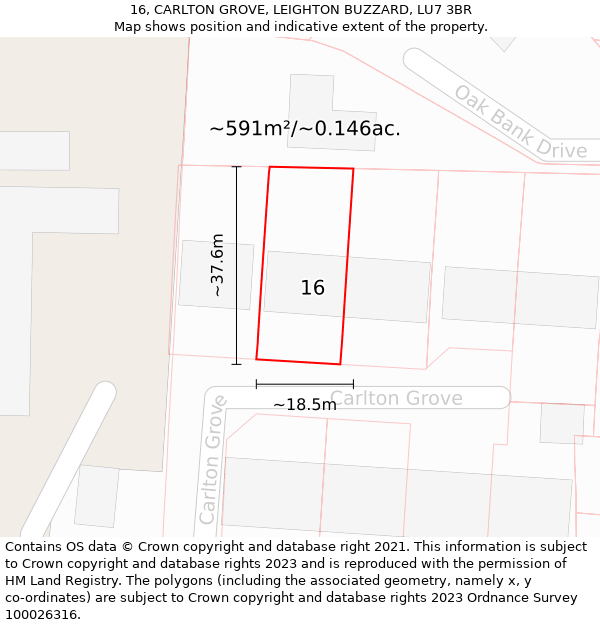 16, CARLTON GROVE, LEIGHTON BUZZARD, LU7 3BR: Plot and title map