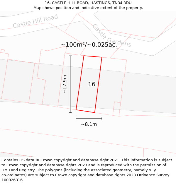 16, CASTLE HILL ROAD, HASTINGS, TN34 3DU: Plot and title map