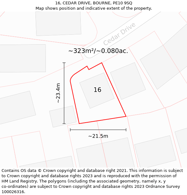 16, CEDAR DRIVE, BOURNE, PE10 9SQ: Plot and title map