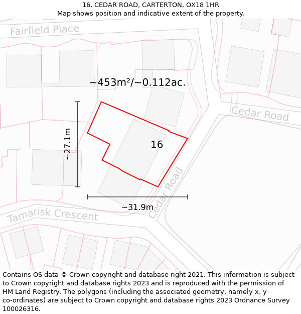 16, CEDAR ROAD, CARTERTON, OX18 1HR: Plot and title map