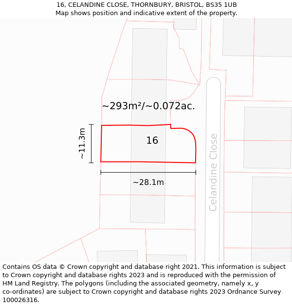 16, CELANDINE CLOSE, THORNBURY, BRISTOL, BS35 1UB: Plot and title map