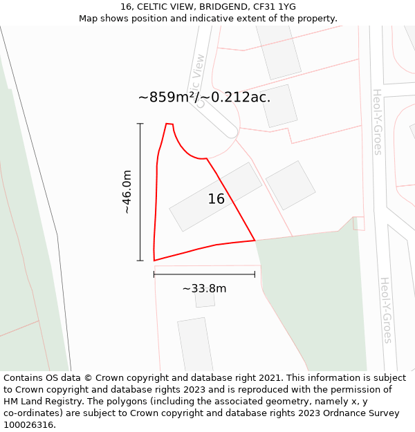 16, CELTIC VIEW, BRIDGEND, CF31 1YG: Plot and title map