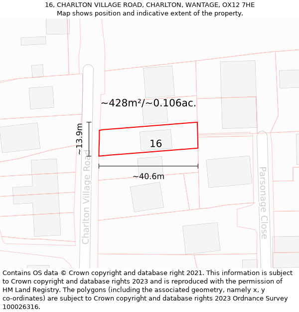 16, CHARLTON VILLAGE ROAD, CHARLTON, WANTAGE, OX12 7HE: Plot and title map