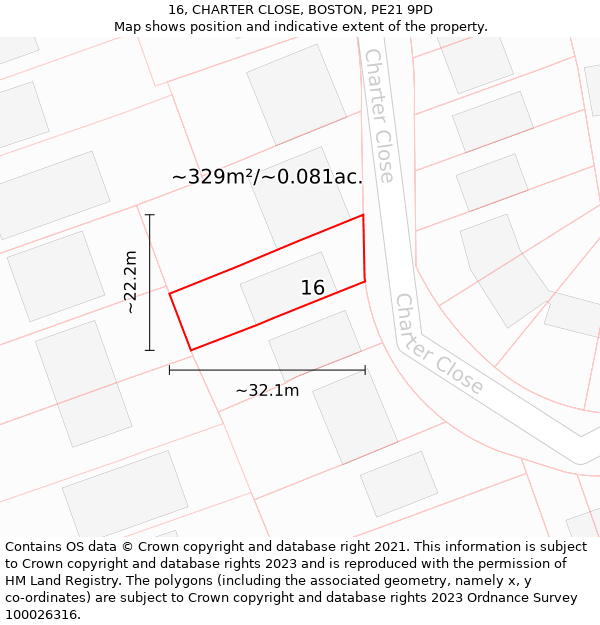 16, CHARTER CLOSE, BOSTON, PE21 9PD: Plot and title map