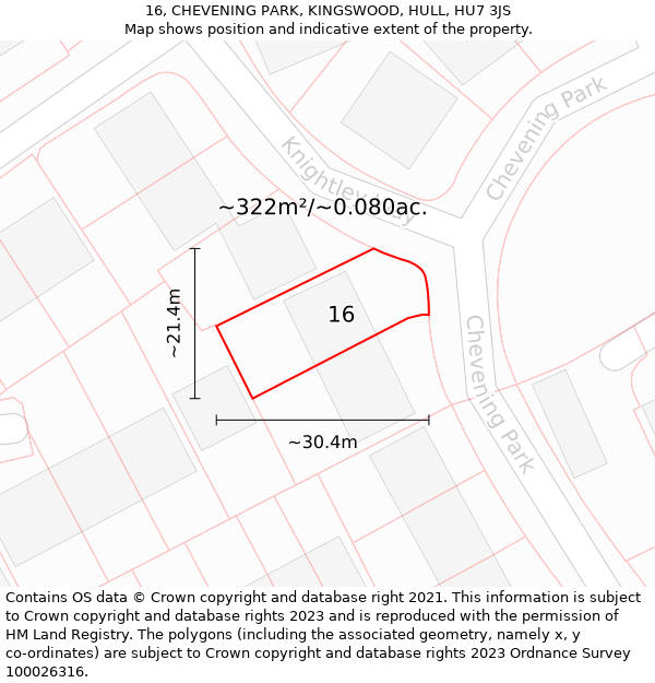 16, CHEVENING PARK, KINGSWOOD, HULL, HU7 3JS: Plot and title map