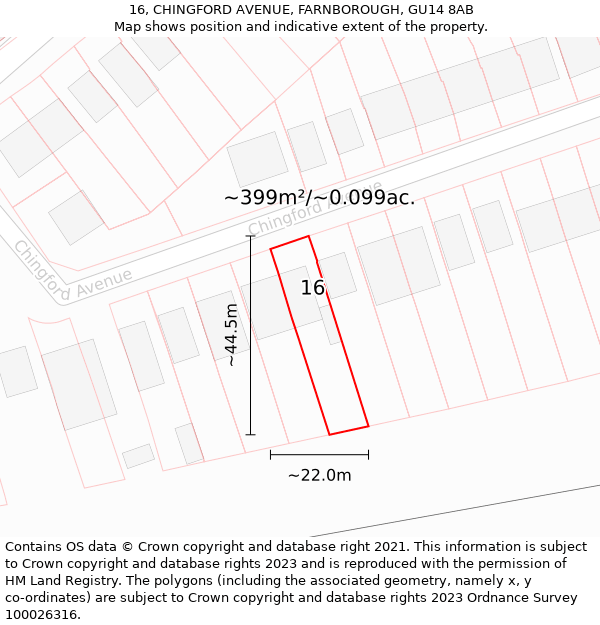 16, CHINGFORD AVENUE, FARNBOROUGH, GU14 8AB: Plot and title map