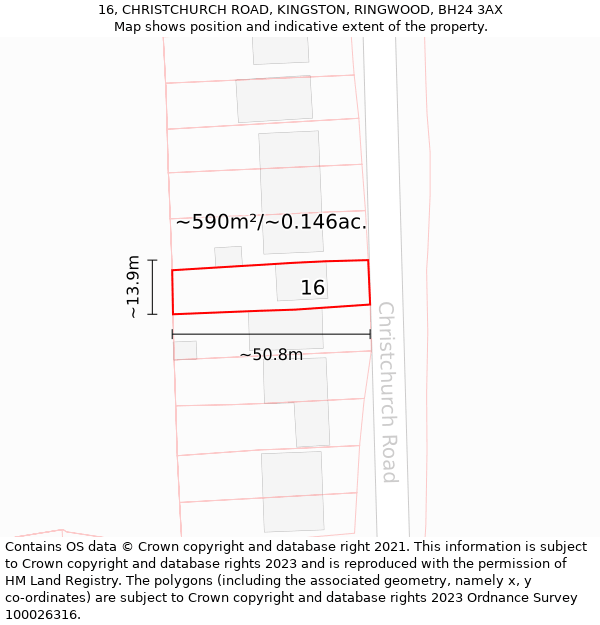 16, CHRISTCHURCH ROAD, KINGSTON, RINGWOOD, BH24 3AX: Plot and title map