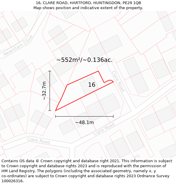 16, CLARE ROAD, HARTFORD, HUNTINGDON, PE29 1QB: Plot and title map