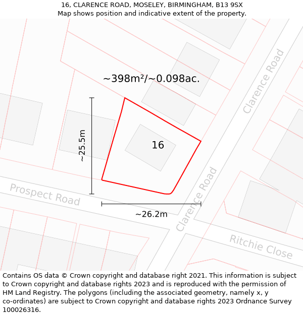 16, CLARENCE ROAD, MOSELEY, BIRMINGHAM, B13 9SX: Plot and title map