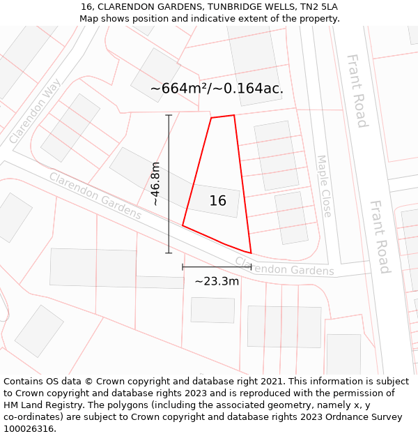 16, CLARENDON GARDENS, TUNBRIDGE WELLS, TN2 5LA: Plot and title map