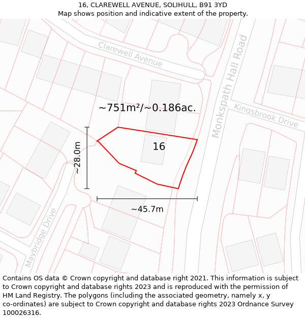 16, CLAREWELL AVENUE, SOLIHULL, B91 3YD: Plot and title map