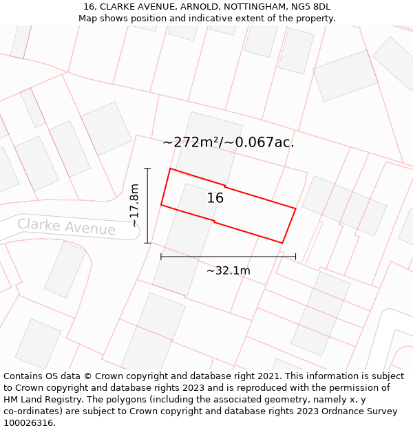 16, CLARKE AVENUE, ARNOLD, NOTTINGHAM, NG5 8DL: Plot and title map