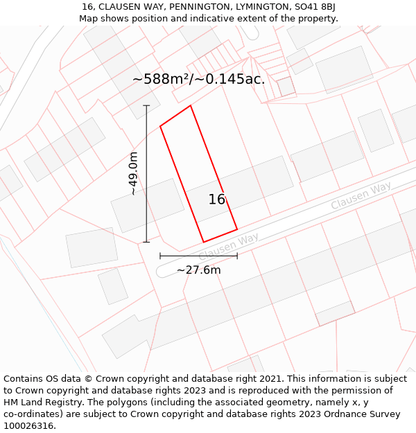 16, CLAUSEN WAY, PENNINGTON, LYMINGTON, SO41 8BJ: Plot and title map