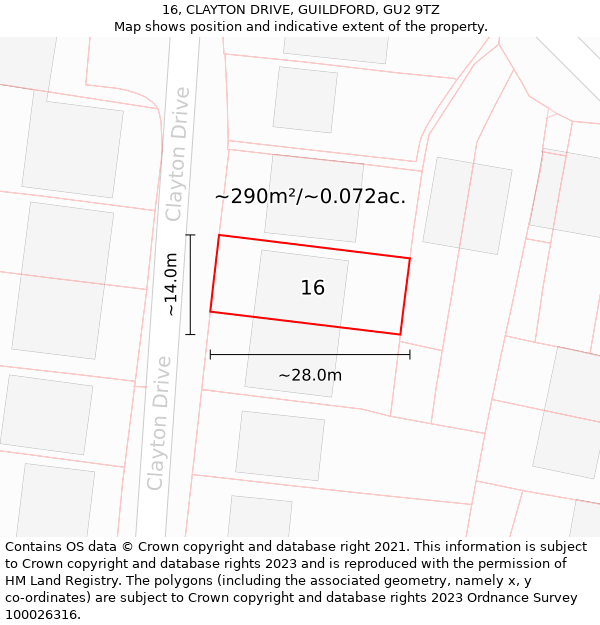 16, CLAYTON DRIVE, GUILDFORD, GU2 9TZ: Plot and title map