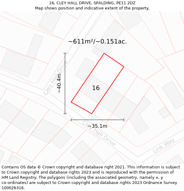 16, CLEY HALL DRIVE, SPALDING, PE11 2DZ: Plot and title map