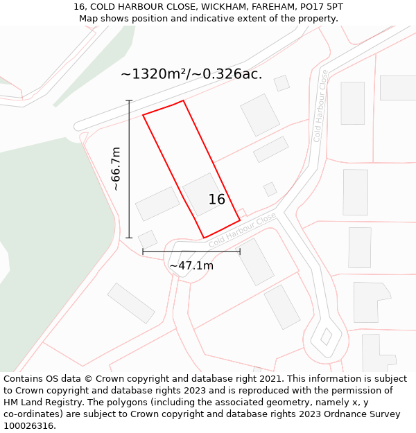 16, COLD HARBOUR CLOSE, WICKHAM, FAREHAM, PO17 5PT: Plot and title map