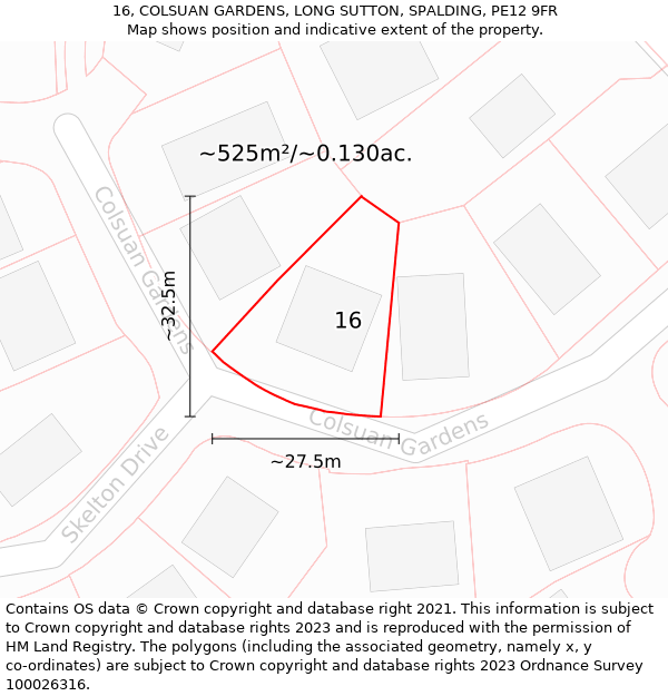 16, COLSUAN GARDENS, LONG SUTTON, SPALDING, PE12 9FR: Plot and title map