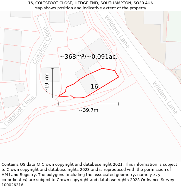 16, COLTSFOOT CLOSE, HEDGE END, SOUTHAMPTON, SO30 4UN: Plot and title map