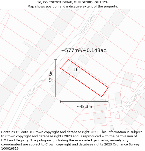 16, COLTSFOOT DRIVE, GUILDFORD, GU1 1YH: Plot and title map