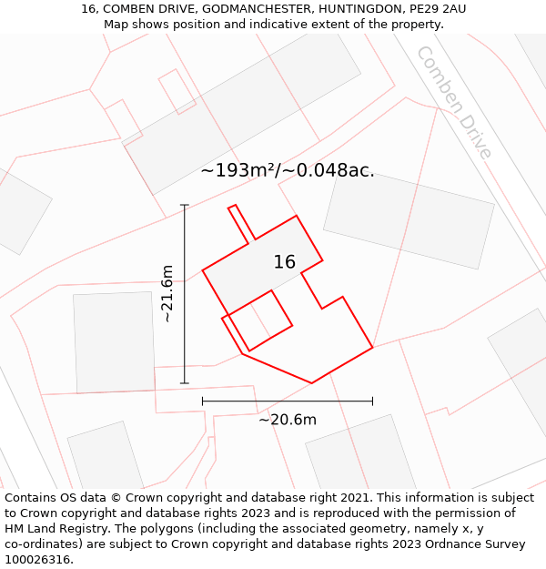 16, COMBEN DRIVE, GODMANCHESTER, HUNTINGDON, PE29 2AU: Plot and title map