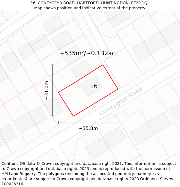 16, CONEYGEAR ROAD, HARTFORD, HUNTINGDON, PE29 1QL: Plot and title map