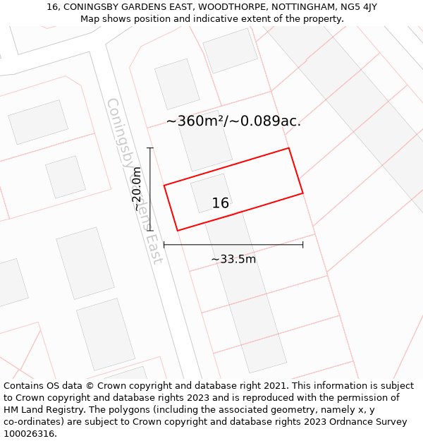 16, CONINGSBY GARDENS EAST, WOODTHORPE, NOTTINGHAM, NG5 4JY: Plot and title map