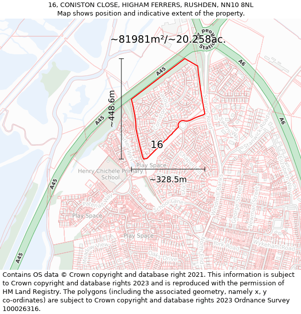 16, CONISTON CLOSE, HIGHAM FERRERS, RUSHDEN, NN10 8NL: Plot and title map