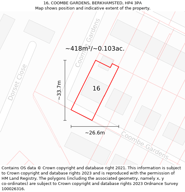 16, COOMBE GARDENS, BERKHAMSTED, HP4 3PA: Plot and title map