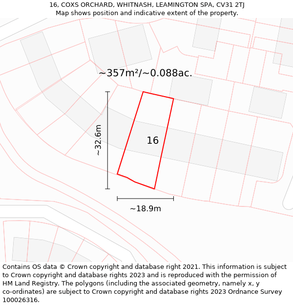 16, COXS ORCHARD, WHITNASH, LEAMINGTON SPA, CV31 2TJ: Plot and title map