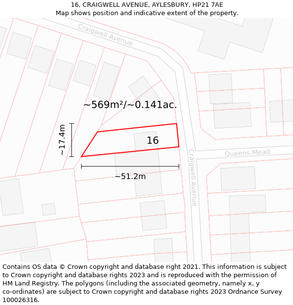 16, CRAIGWELL AVENUE, AYLESBURY, HP21 7AE: Plot and title map