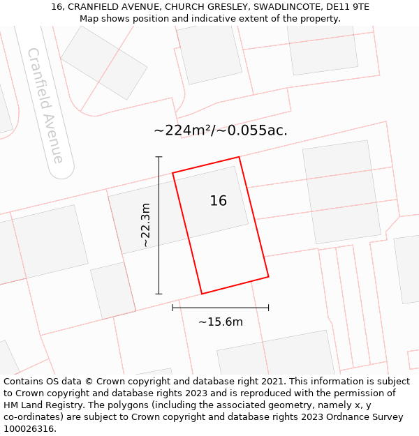 16, CRANFIELD AVENUE, CHURCH GRESLEY, SWADLINCOTE, DE11 9TE: Plot and title map