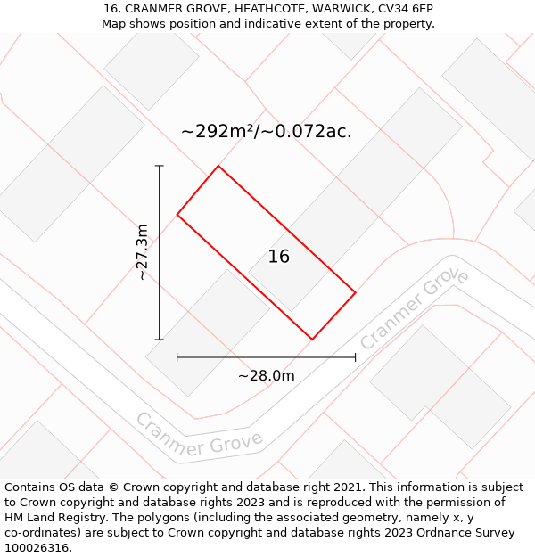 16, CRANMER GROVE, HEATHCOTE, WARWICK, CV34 6EP: Plot and title map