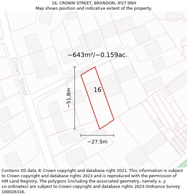 16, CROWN STREET, BRANDON, IP27 0NH: Plot and title map
