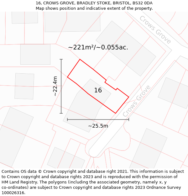 16, CROWS GROVE, BRADLEY STOKE, BRISTOL, BS32 0DA: Plot and title map