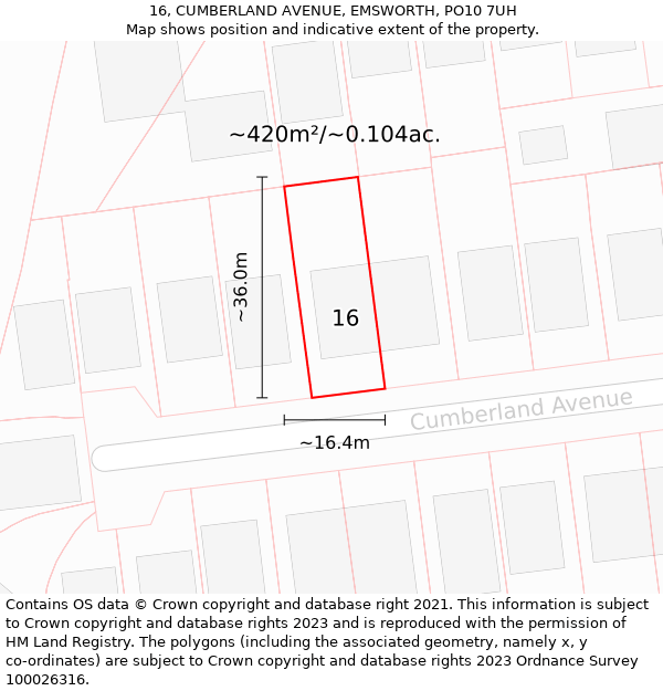 16, CUMBERLAND AVENUE, EMSWORTH, PO10 7UH: Plot and title map