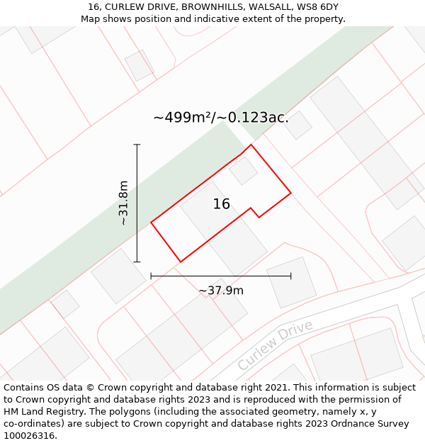 16, CURLEW DRIVE, BROWNHILLS, WALSALL, WS8 6DY: Plot and title map