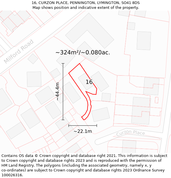 16, CURZON PLACE, PENNINGTON, LYMINGTON, SO41 8DS: Plot and title map