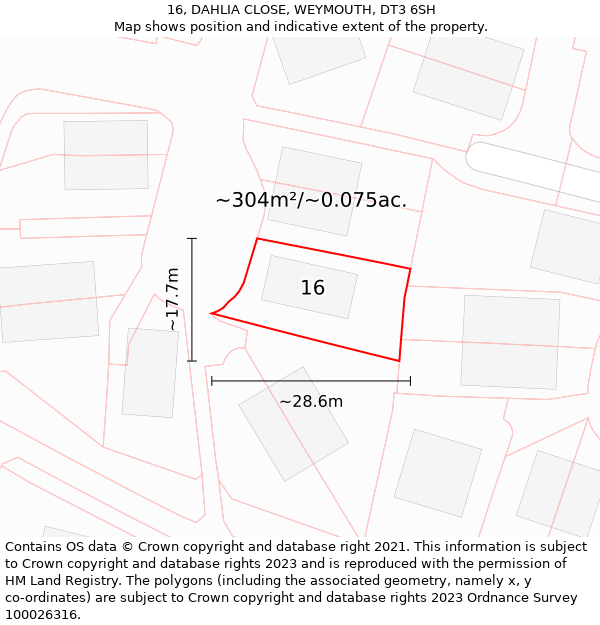 16, DAHLIA CLOSE, WEYMOUTH, DT3 6SH: Plot and title map