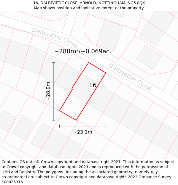 16, DALBEATTIE CLOSE, ARNOLD, NOTTINGHAM, NG5 8QX: Plot and title map