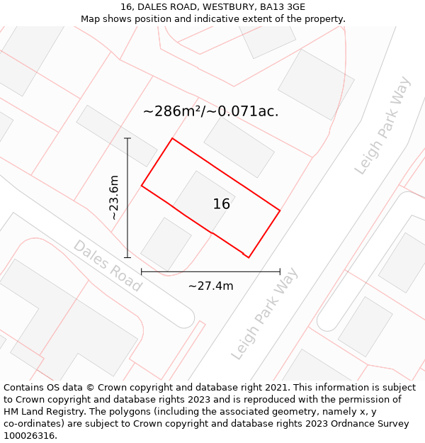 16, DALES ROAD, WESTBURY, BA13 3GE: Plot and title map