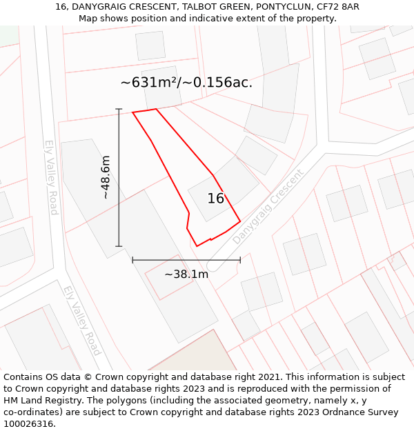 16, DANYGRAIG CRESCENT, TALBOT GREEN, PONTYCLUN, CF72 8AR: Plot and title map