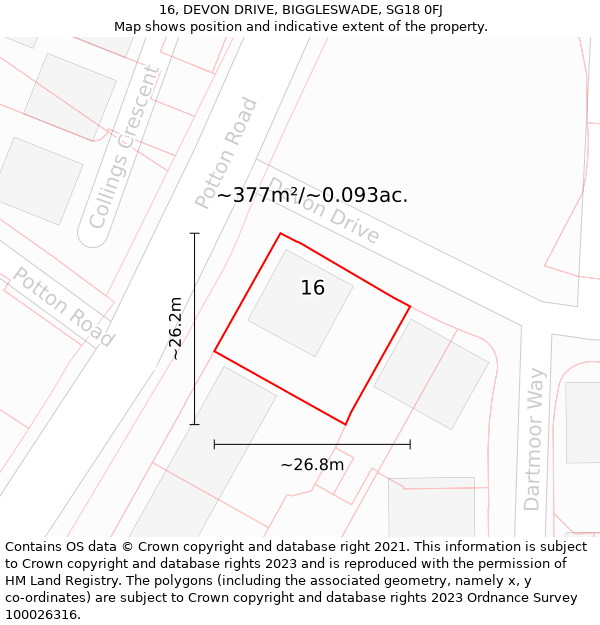 16, DEVON DRIVE, BIGGLESWADE, SG18 0FJ: Plot and title map