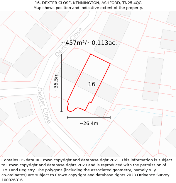 16, DEXTER CLOSE, KENNINGTON, ASHFORD, TN25 4QG: Plot and title map